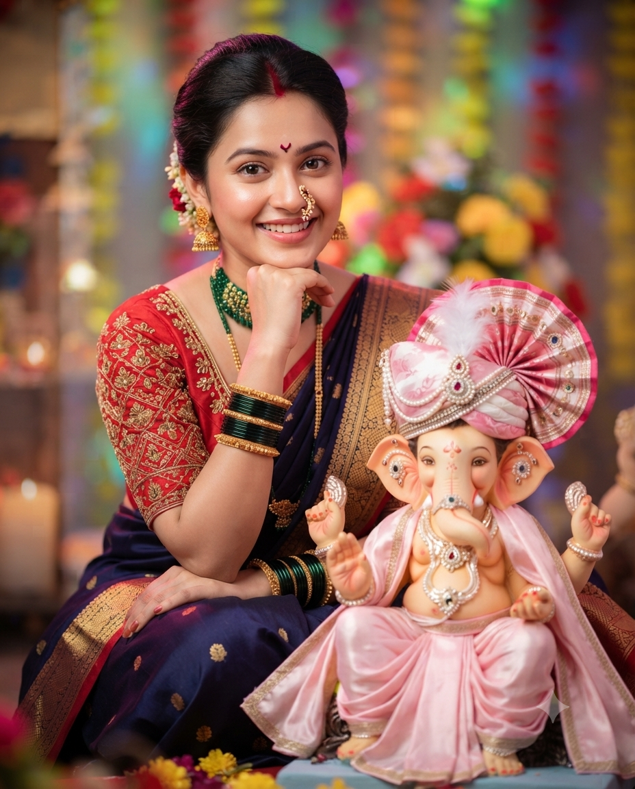Maharashtrian Woman with Lord Ganesha Festive Portrait