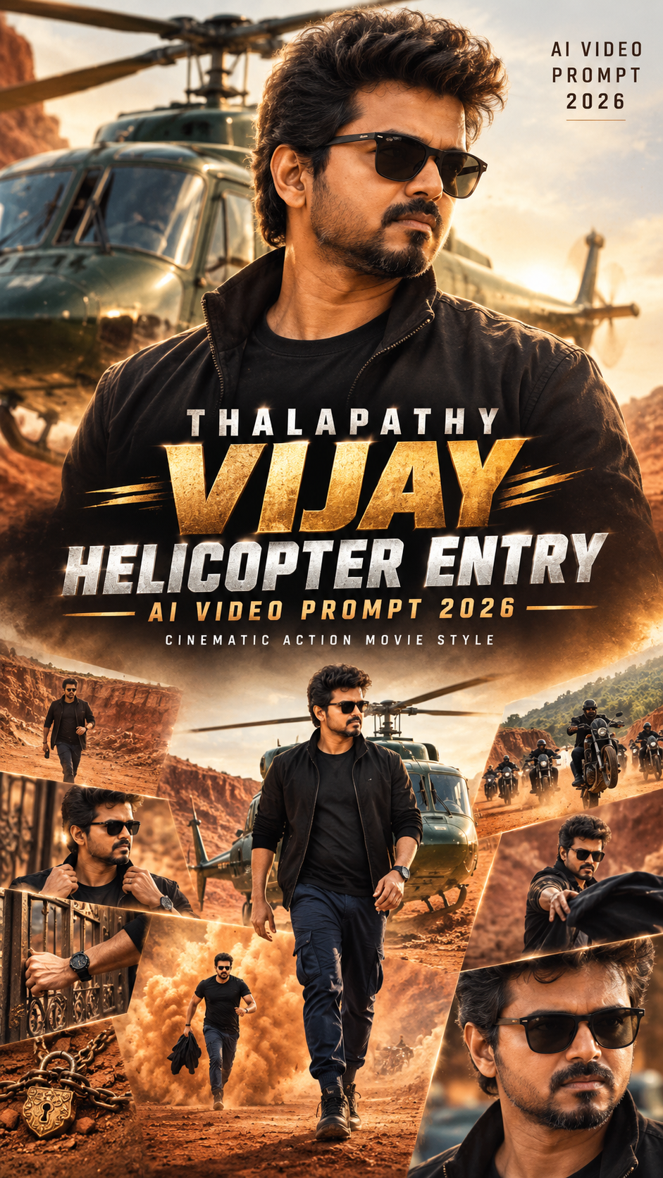 Thalapathy Vijay Helicopter Entry AI Video Prompt 2026 – Cinematic Action Movie Style