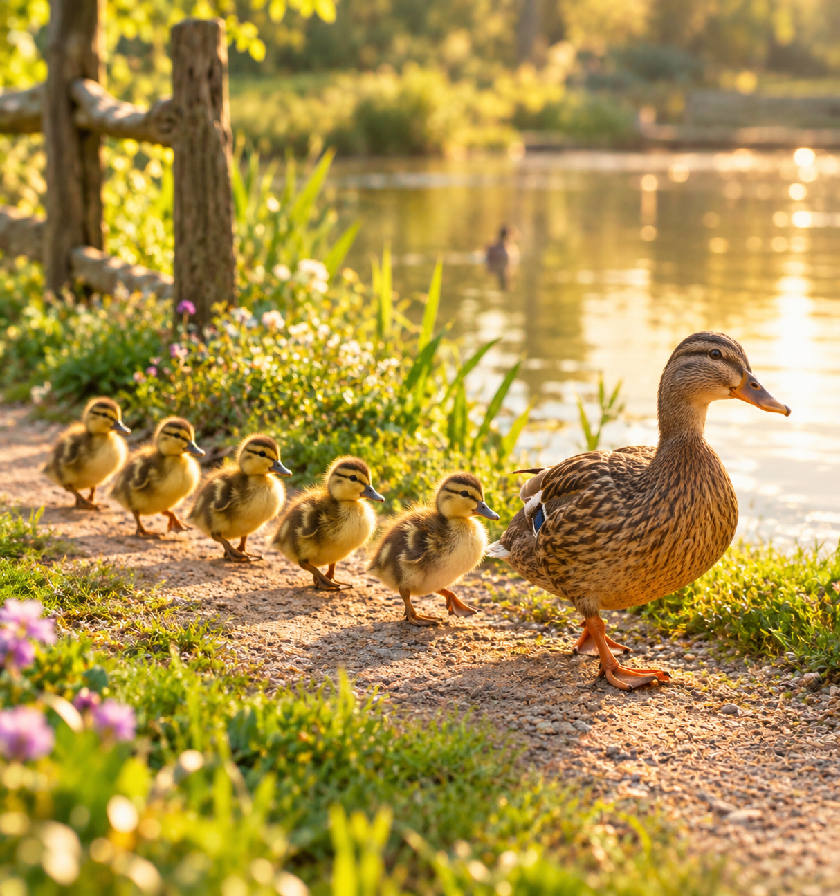 Ducklings Following Mom